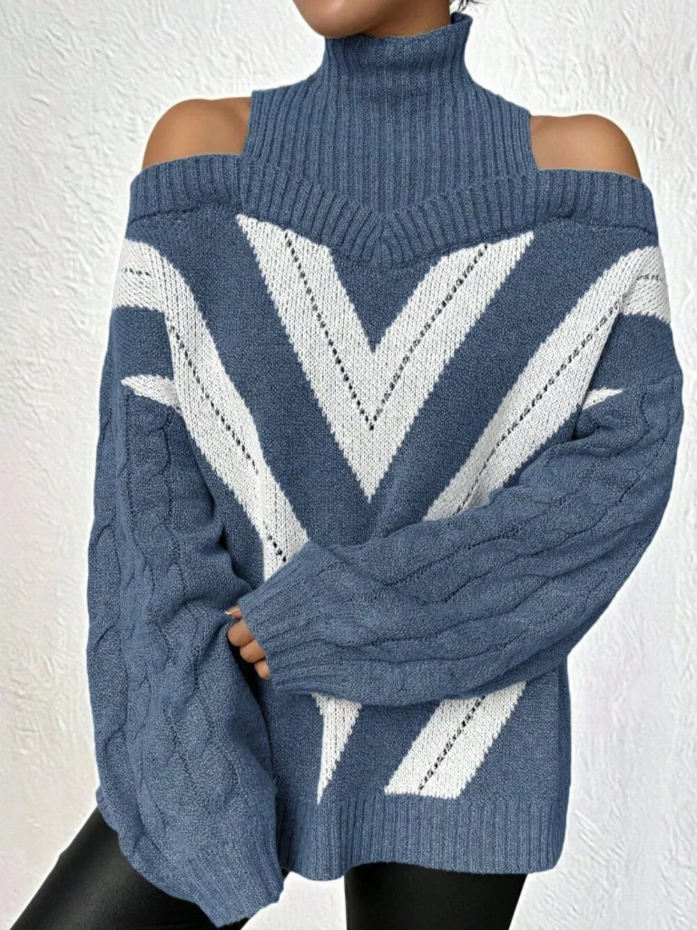 Blue Casual Women's Plus Size Open Shoulder High Collar Cable Knit Sweater